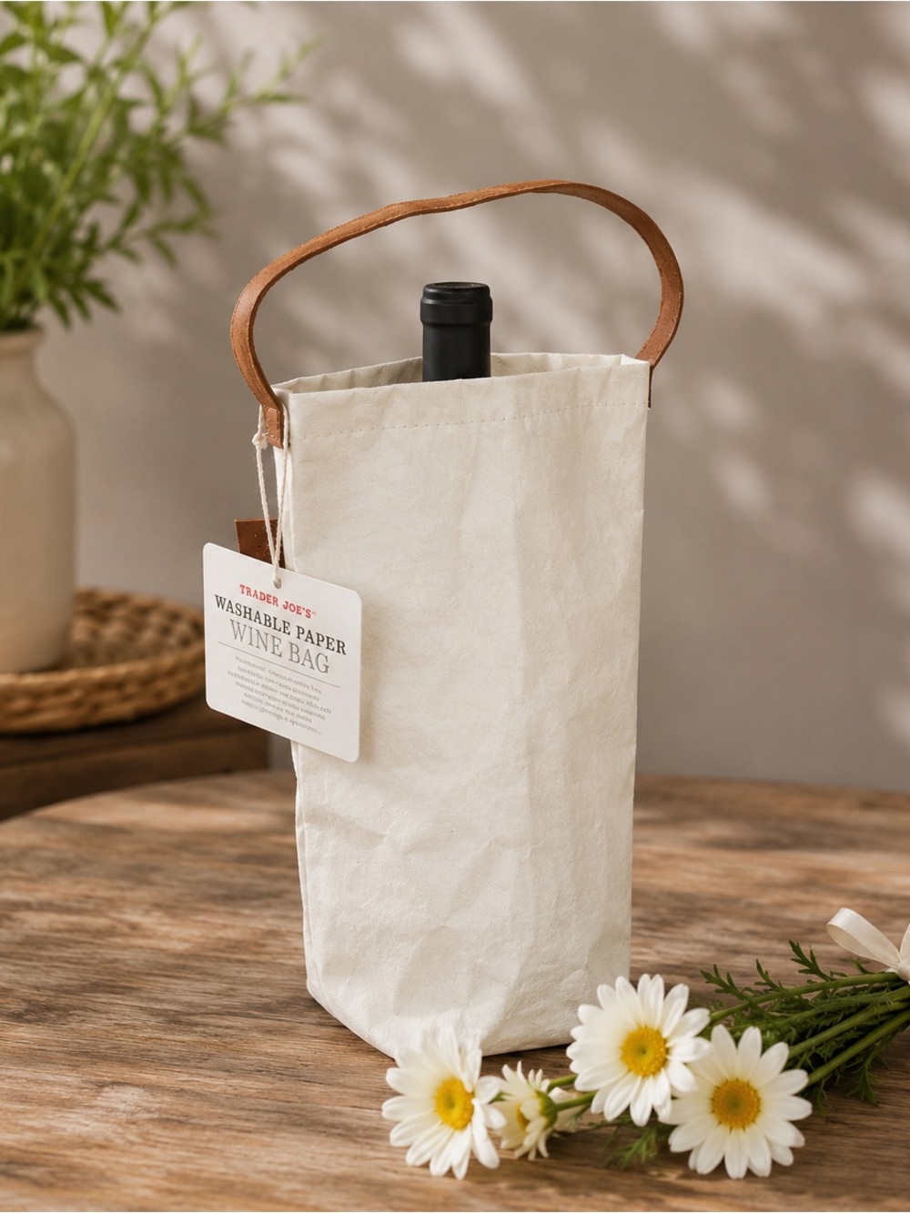 Trader Joe’s Washable Paper Wine Bag Reusable Cream White Bottle Tote NWT